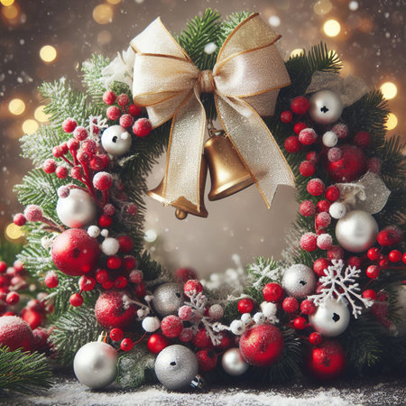Christmas wreath with red berries and golden bells on bokeh backgroundの素材