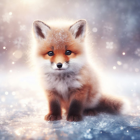Cute little fox in winter forest. Animal on snow background.の素材