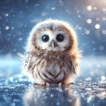 Little owl sitting on a snowy background with bokeh lights.の素材
