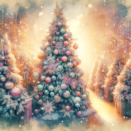 Winter landscape with Christmas tree and snowflakes. Digital painting.の素材