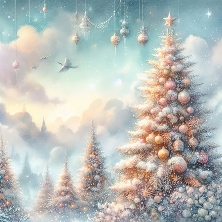 Christmas and New Year background. Winter landscape with Christmas tree and snowflakes.の素材