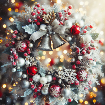 Christmas wreath with baubles and ornaments on bokeh backgroundの素材