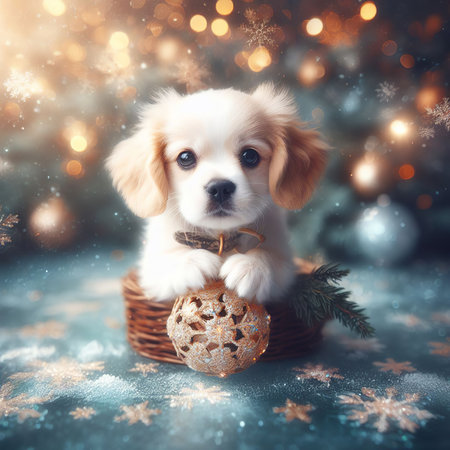 Cute puppy with christmas ball on a background of Christmas treeの素材
