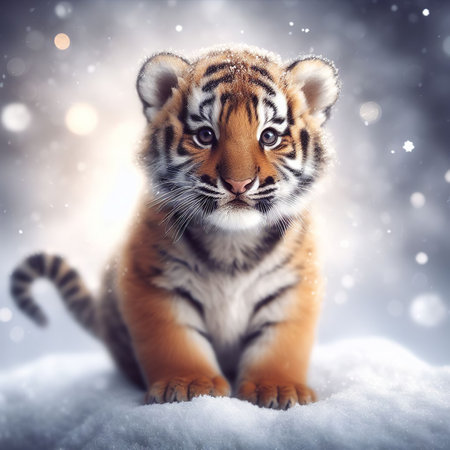 Cute tiger cub sitting on snow. Symbol of new year.の素材