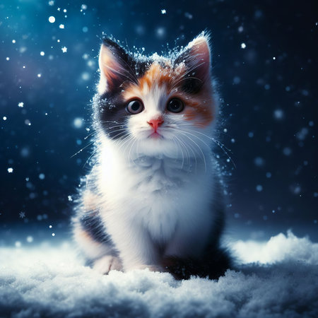 Cute kitten sitting on snow with snowflakes. Christmas card.の素材