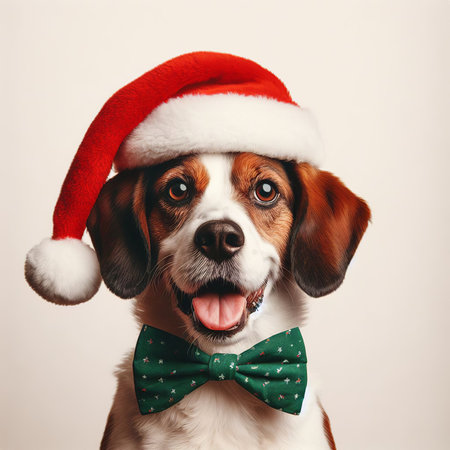 Portrait of a cute beagle dog wearing a red christmas hat and bow tieの素材