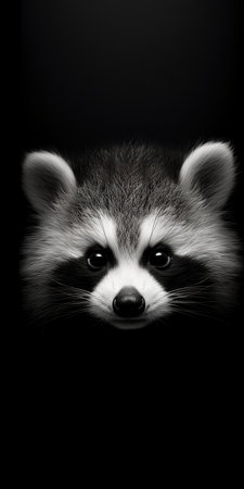 Portrait of a raccoon on a black background. Studio shot. Black and white Phone wallpaper.の素材