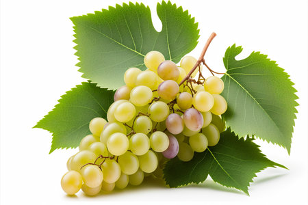Bunch of white grapes with green leaves isolated on white background.の素材