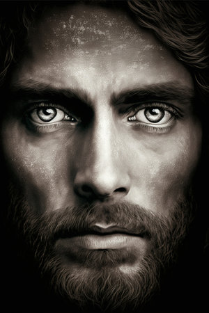 Portrait of a Jesus Christ with a beard on a black background.の素材