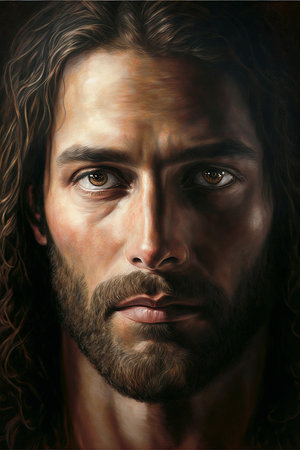 Close-up portrait of Jesus Christ with long wavy hair.の素材