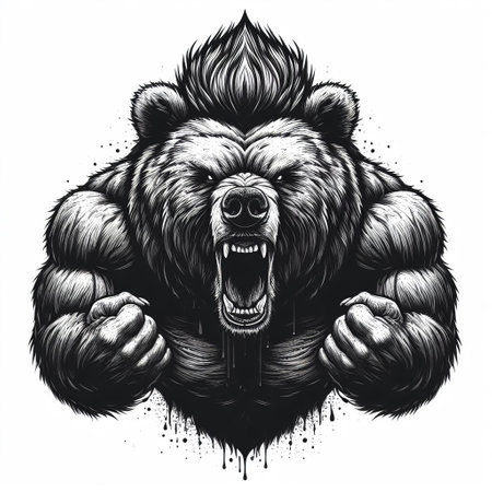 illustration of a strong bear with an open mouth and claws in grunge styleの素材