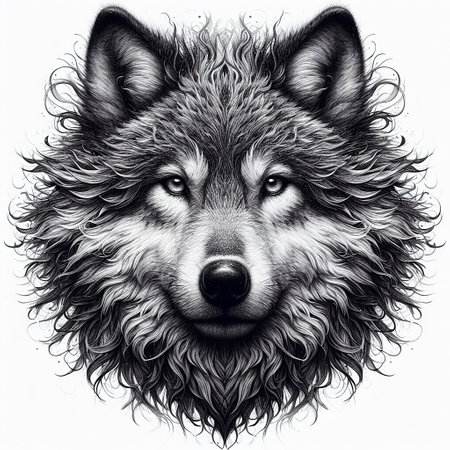 Portrait of Wolf Dog, Hand-drawn illustration, black and whiteの素材