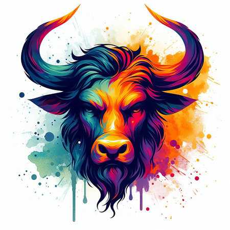 Bull head with watercolor splashes.の素材