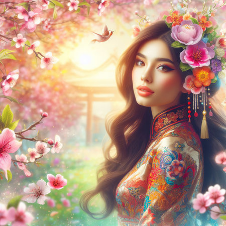 Beautiful asian woman with flowers in her hair. Spring blossomの素材