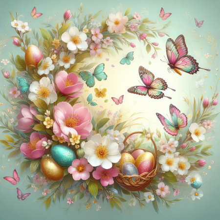 Easter background with eggs, flowers, butterflies.の素材