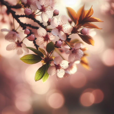 Blossoming branch of cherry on a blurred background. Spring backgroundの素材
