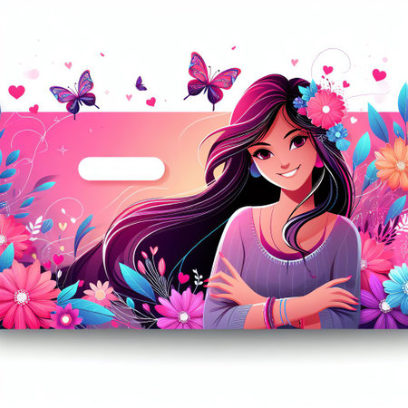Beautiful girl with flowers and butterflies. Vector illustration for your designの素材