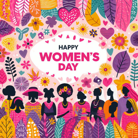 Happy Women's Day greeting card with floral background. Vector illustration.の素材