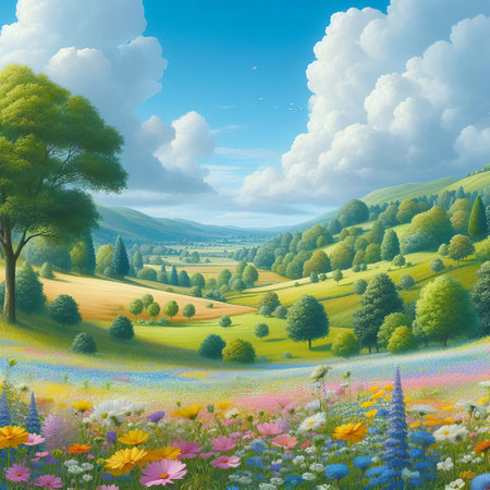 Beautiful spring landscape with meadow and flowers.の素材