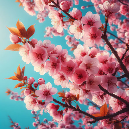 Cherry blossom flower on blue sky background - vintage filter effectの素材