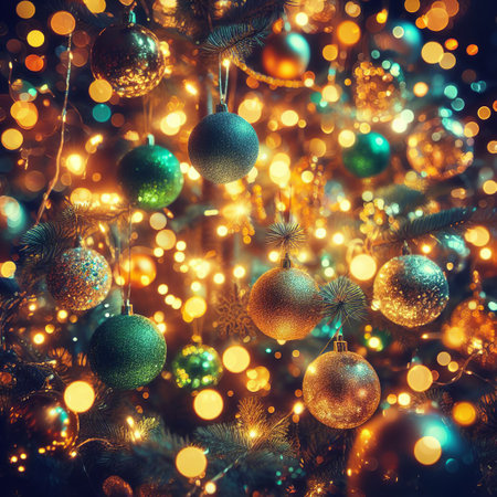 Christmas tree decoration with golden and green balls and bokeh lightsの素材