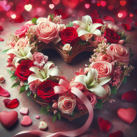 Valentine's Day background with heart shaped box and flowers.の素材