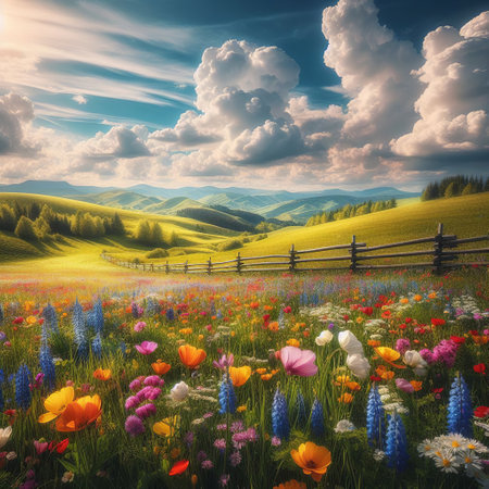 Colorful spring meadow with wild flowers and wooden fence in the mountainsの素材