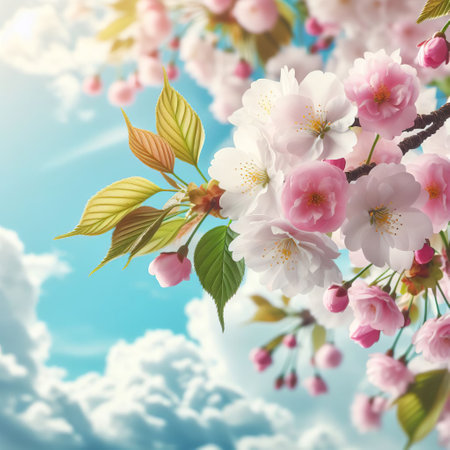 Cherry blossoms in spring time over blue sky background with cloudsの素材