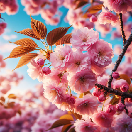 Beautiful pink sakura flowers on blue sky background. Nature backgroundの素材