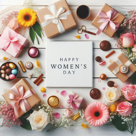 Happy Women's Day Greeting Card Flat Lay Top View Conceptの素材