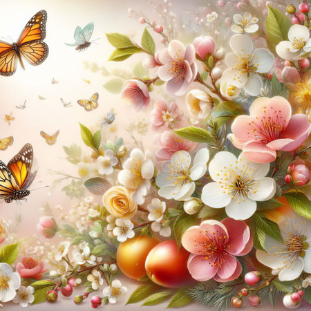 Easter background with spring flowers and butterfly.の素材