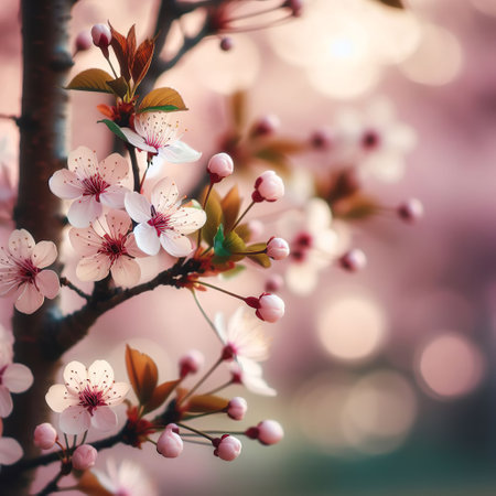 Blossoming branch of cherry on a blurred background. Spring backgroundの素材