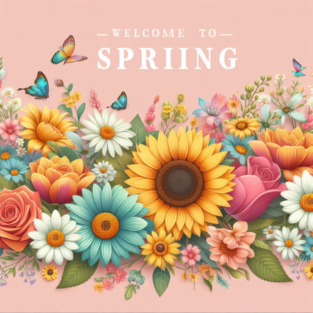 Vector spring background with flowers and butterflies. Floral frame for your designの素材
