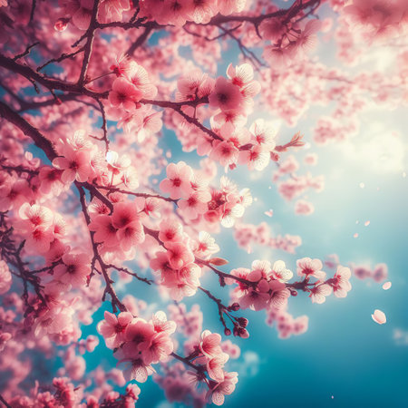 Cherry blossom in spring time, pink sakura flowers background. Happy Spring Day.の素材