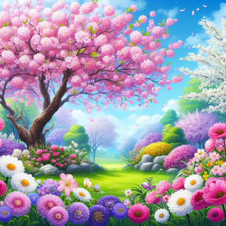 Spring garden with blooming trees, flowers and grass. Nature background.の素材