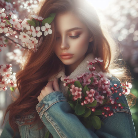 Beautiful young woman with spring flowers. Spring fashion.の素材