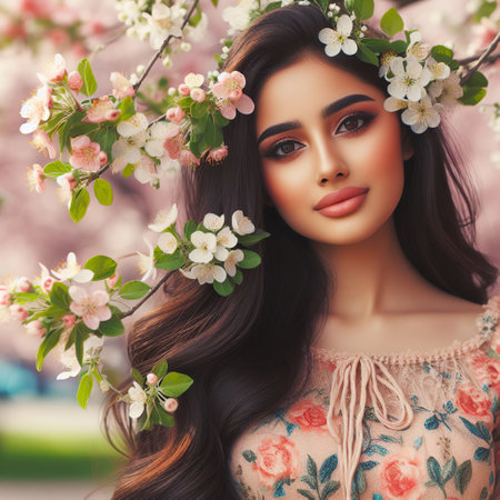 Beautiful young woman with spring flowers in her hair. Spring fashion.の素材