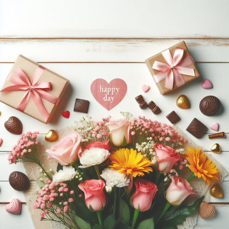Valentine's day background with flowers, gift box and chocolate candiesの素材