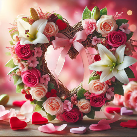 Heart shaped wreath with roses and lily flowers on bokeh backgroundの素材