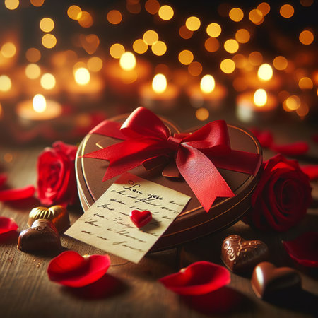 Valentines day background with heart-shaped gift box and red rose petalsの素材