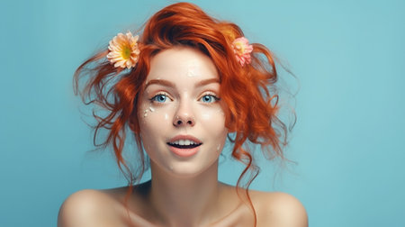 Portrait of a beautiful girl with red hair and flowers in her hairの素材