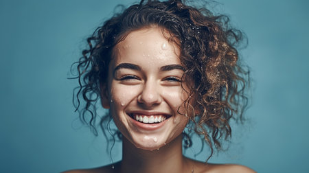 Beautiful young woman with wet hair and wet skin smiling and looking at camera.の素材
