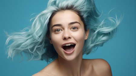 Portrait of a beautiful girl with blue hair on a blue backgroundの素材