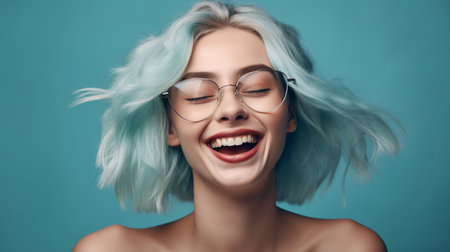 Beautiful young woman with blue hair and glasses on blue background.の素材