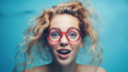 Surprised young woman in red glasses looking at camera over blue backgroundの素材