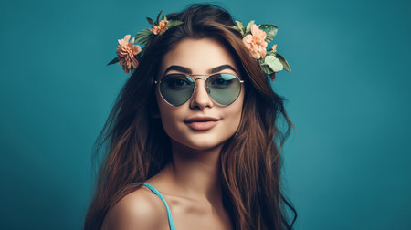 Portrait of beautiful young woman with flowers in hair and sunglasses on blue backgroundの素材