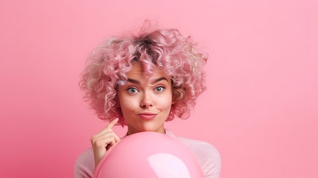 Portrait of a beautiful young woman with pink hair and balloon on a pink backgroundの素材