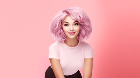 Portrait of a beautiful young woman with pink hair on a pink backgroundの素材
