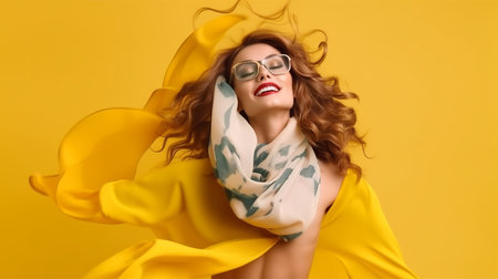 Cheerful young woman in scarf and glasses on yellow background.の素材