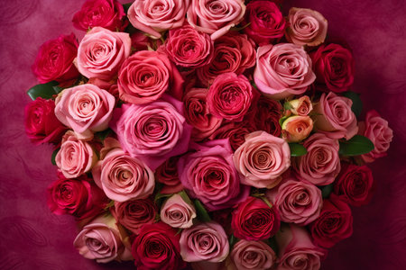 Bouquet of pink and red roses on a pink background. Close-up. Top view.の素材